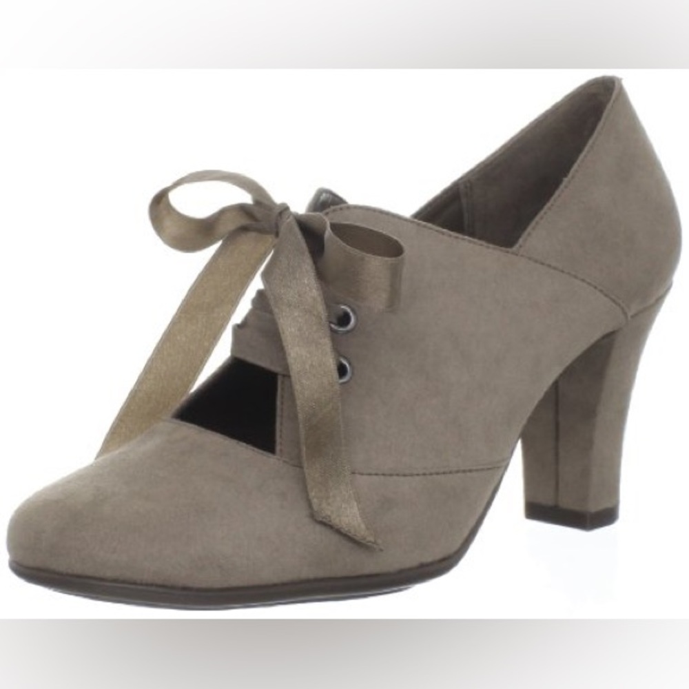 Aerosoles Minor Role Taupe Suede Satin Lace Up Pump Shooties Booties, Size 6